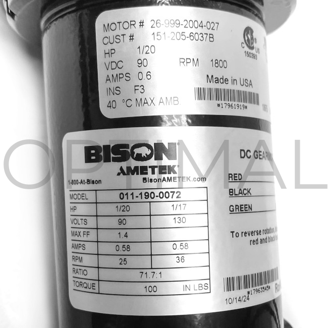0111900072 Bison Gear & Engineering Ametek Gearmotor Parallel 1/20 H
