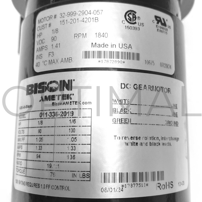 0113362019 Bison Gear & Engineering Ametek Gearmotor Parallel 1/8 HP