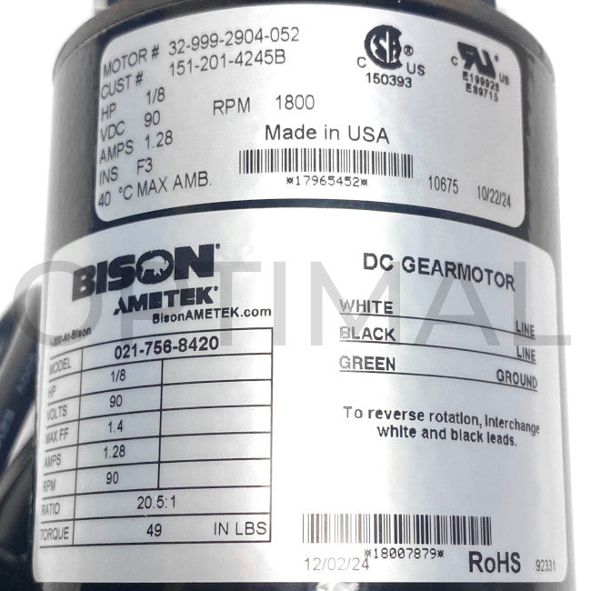 021-756-8420 Bison Gear & Engineering Ametek Gearmotor Right
