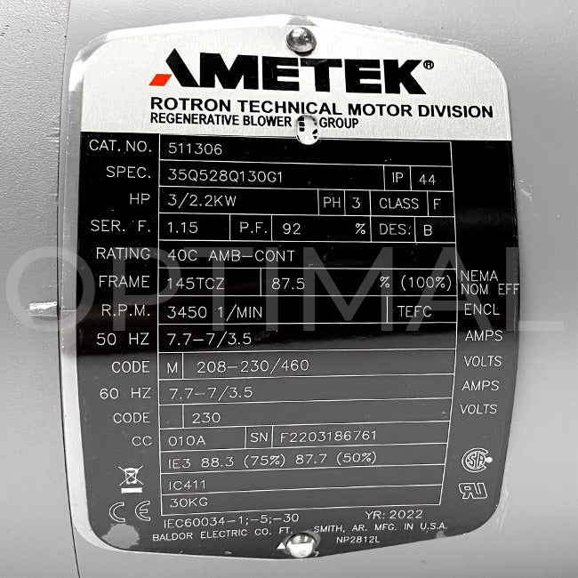 511306 Ametek Rotron Motor for Regenerative Blower